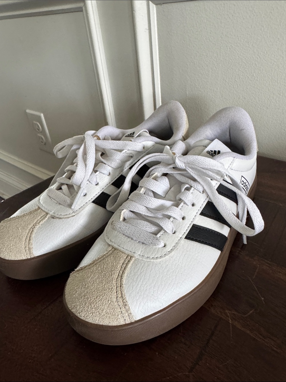 adidas women’s White Sneakers with Black Stripes and Brown Gum Sole